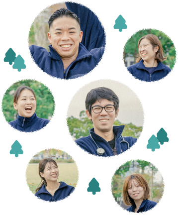 笑顔の男性スタッフ2名と女性スタッフ4名