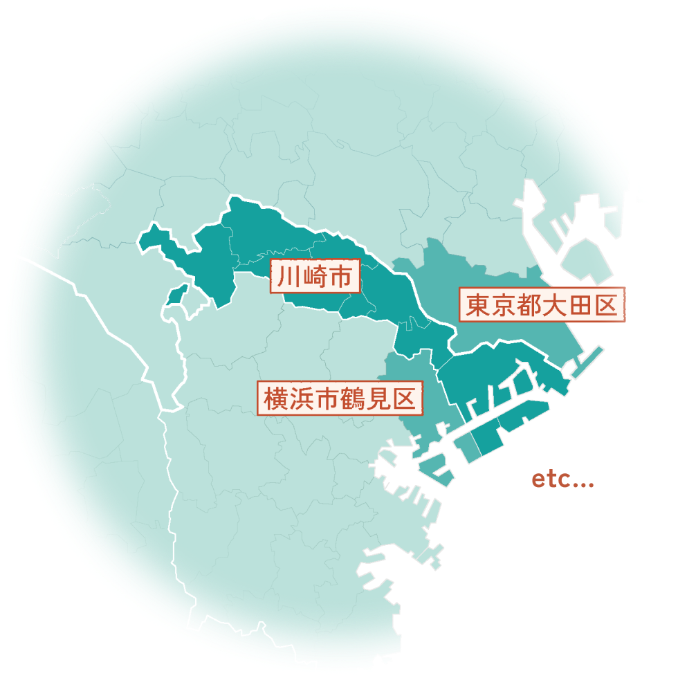 訪問エリアである川崎市、横浜市鶴見区、東京都大田区を表した地図